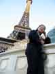 In front of the Paris hotel and the Eiffel Tower Restaurant.
